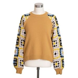SOUTHERN GRACE Enchanting Crochet Sleeve Yellow Knit Sweater